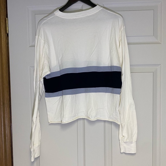 John Galt cream long sleeve with navy and grey stripes around the entire thing. - Picture 2 of 2